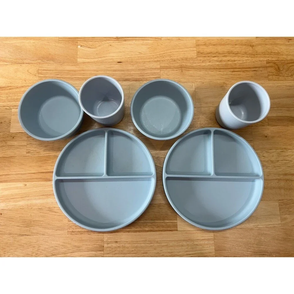 Mushie Baby Bundle 2 Suction Plates 2 Suction Bowls 2 Cups Powder Blue VGUC Set